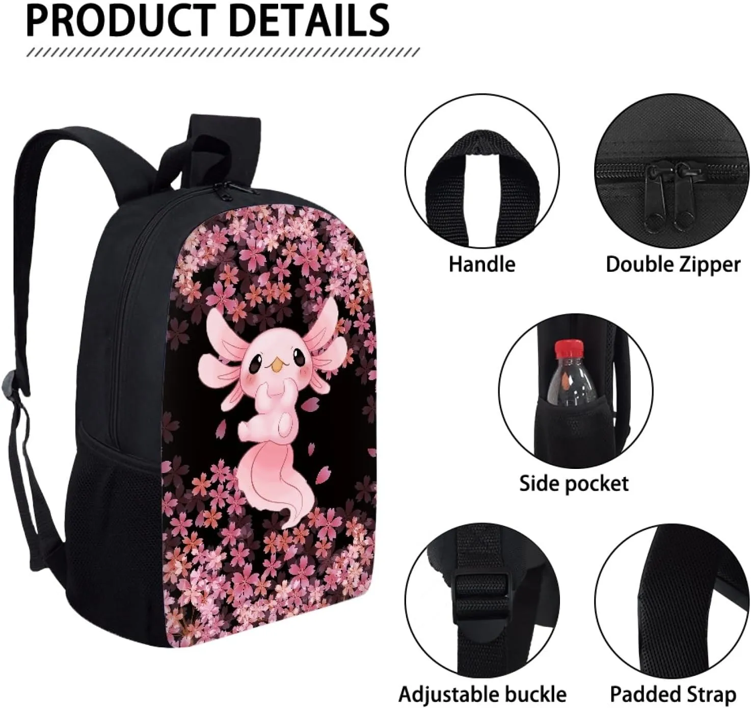 AFPANQZ Cherry Blossom Axolotl Backpack Large Capacity Daily Use Backpack for Boys Girls Casual Backpacks for Middle School Kids Kids Teens Backpacks Pink Black