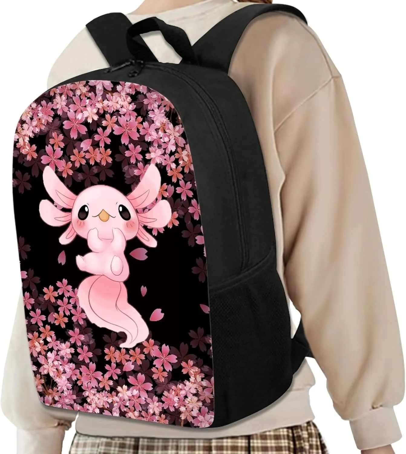 AFPANQZ Cherry Blossom Axolotl Backpack Large Capacity Daily Use Backpack for Boys Girls Casual Backpacks for Middle School Kids Kids Teens Backpacks Pink Black