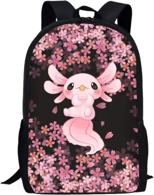 AFPANQZ Cherry Blossom Axolotl Backpack Large Capacity Daily Use Backpack for Boys Girls Casual Backpacks for Middle School Kids Kids Teens Backpacks Pink Black