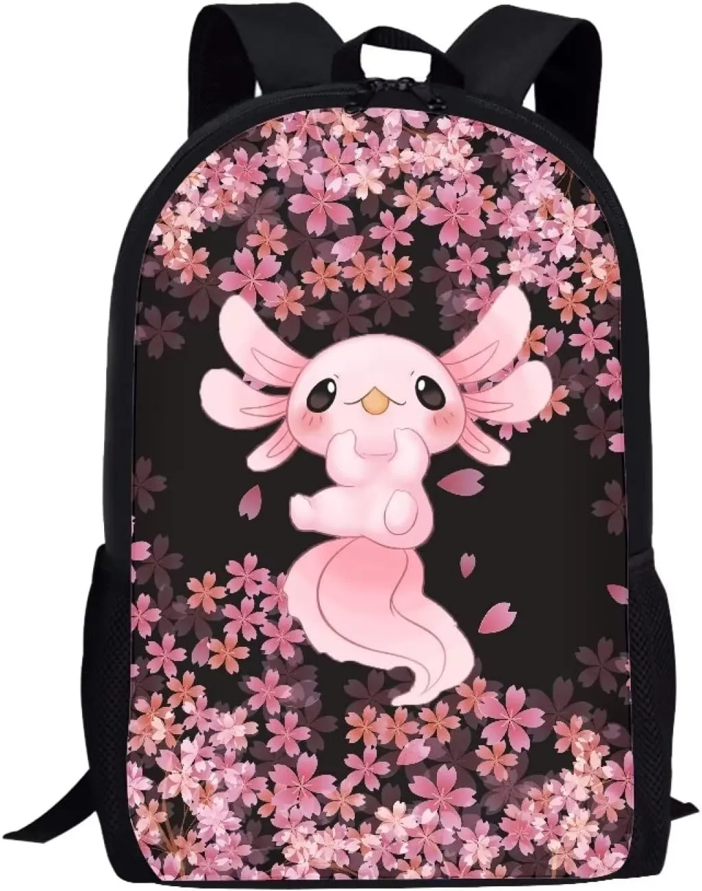 AFPANQZ Cherry Blossom Axolotl Backpack Large Capacity Daily Use Backpack for Boys Girls Casual Backpacks for Middle School Kids Kids Teens Backpacks Pink Black