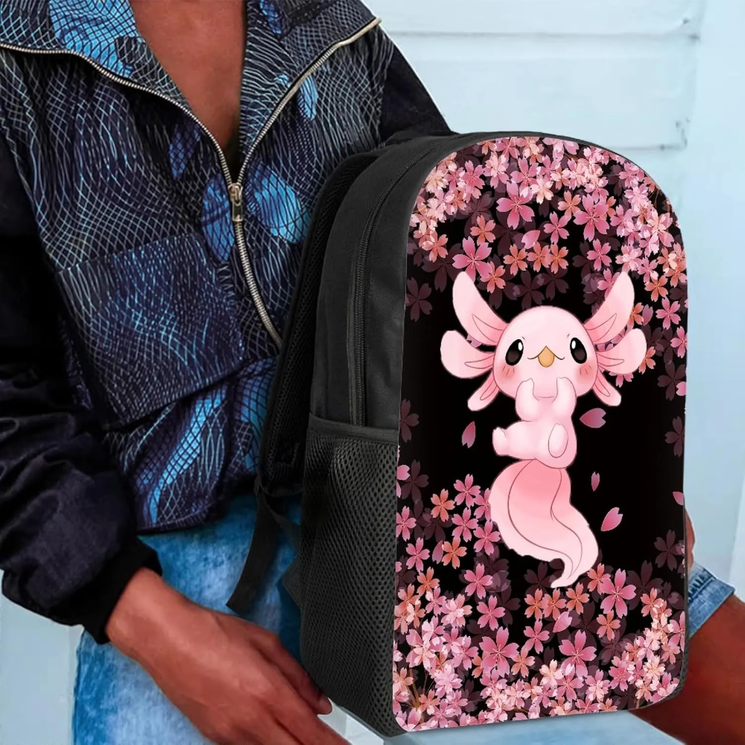 AFPANQZ Cherry Blossom Axolotl Backpack Large Capacity Daily Use Backpack for Boys Girls Casual Backpacks for Middle School Kids Kids Teens Backpacks Pink Black