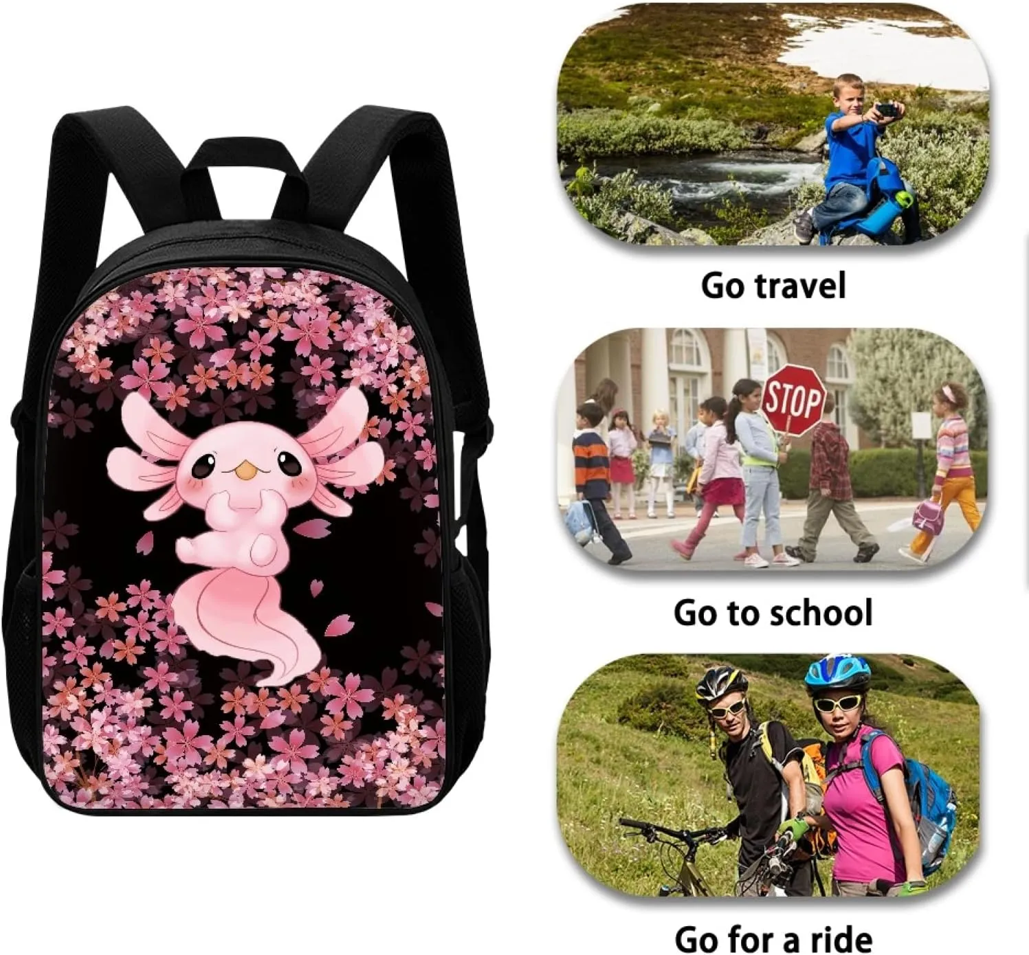 AFPANQZ Cherry Blossom Axolotl Backpack Large Capacity Daily Use Backpack for Boys Girls Casual Backpacks for Middle School Kids Kids Teens Backpacks Pink Black