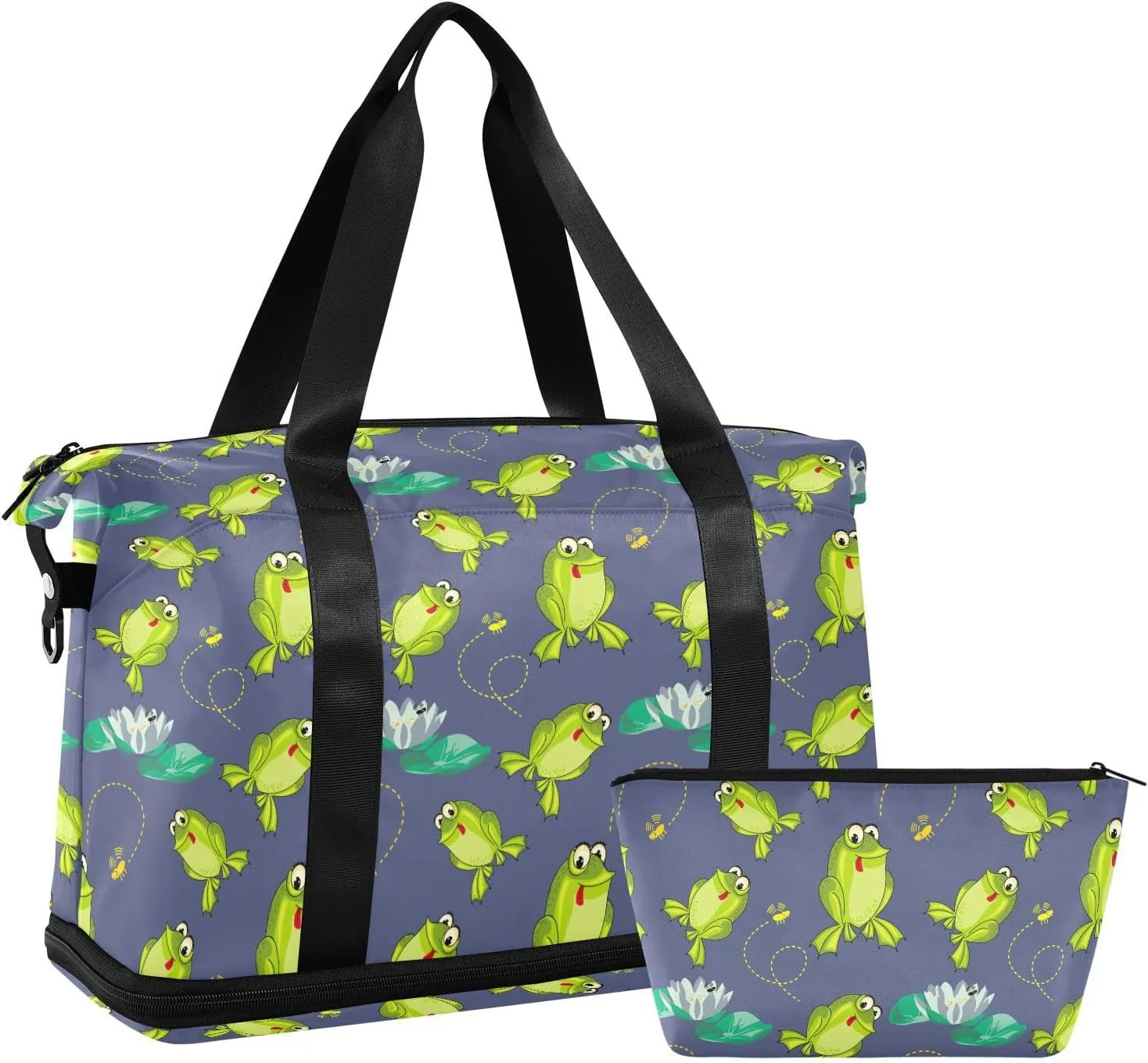 ALAZA Cute Frog and Lotus Flower Travel Duffel Bag for Women Men Sports Gym Bag with Shoe Compartment Tote Weekender Overnight Bag with Wet Pocket for Travel, Gym,Yoga,Swimming