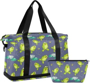 ALAZA Cute Frog and Lotus Flower Travel Duffel Bag for Women Men Sports Gym Bag with Shoe Compartment Tote Weekender Overnight Bag with Wet Pocket for Travel, Gym,Yoga,Swimming