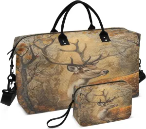 ALAZA Deer Floral Leaves Travel Duffel Bag Gym Bag Sports Tote Bag Weekender Overnight Travel Bag for Women Men Business Trip Workout
