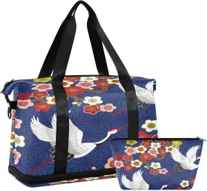ALAZA Flying Cranes Birds Travel Duffel Bag for Women Men Sports Gym Bag with Shoe Compartment Tote Weekender Overnight Bag with Wet Pocket for Travel, Gym,Yoga,Swimming