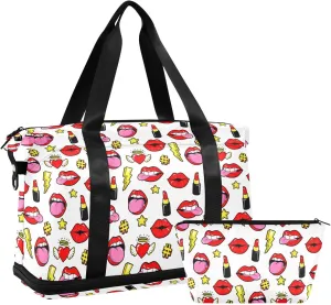 ALAZA Lipstick Hot Kisses Lips Love Heart Stars Travel Duffel Bag for Women Men Sports Gym Bag with Shoe Compartment Tote Weekender Overnight Bag with Wet Pocket for Travel, Gym,Yoga,Swimming