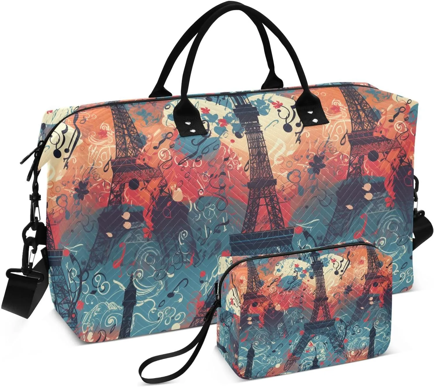 ALAZA Music Notes Paris Eiffel Tower Travel Duffel Bag Gym Bag Sports Tote Bag Weekender Overnight Travel Bag for Women Men Business Trip Workout