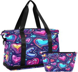 ALAZA Neon Cartoon Hearts Elements Travel Duffel Bag for Women Men Sports Gym Bag with Shoe Compartment Tote Weekender Overnight Bag with Wet Pocket for Travel, Gym,Yoga,Swimming