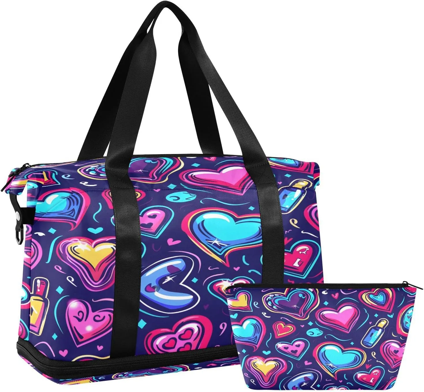 ALAZA Neon Cartoon Hearts Elements Travel Duffel Bag for Women Men Sports Gym Bag with Shoe Compartment Tote Weekender Overnight Bag with Wet Pocket for Travel, Gym,Yoga,Swimming