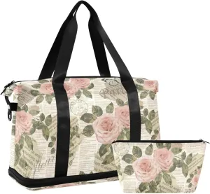 ALAZA Paris Vintage Newspaper Rose Flowers Travel Duffel Bag for Women Men Sports Gym Bag with Shoe Compartment Tote Weekender Overnight Bag with Wet Pocket for Travel, Gym,Yoga,Swimming