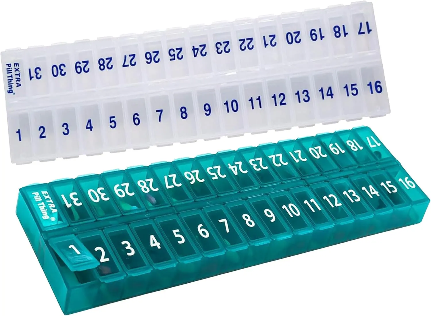 AM PM 31 Day Once-a Day Monthly Pill Planner Organizers - Large Compartment Pill Boxes Store Medications for Entire Month Plus Compartment for Extra Pills (AM/PM) (Am/Pm Clear & Teal)