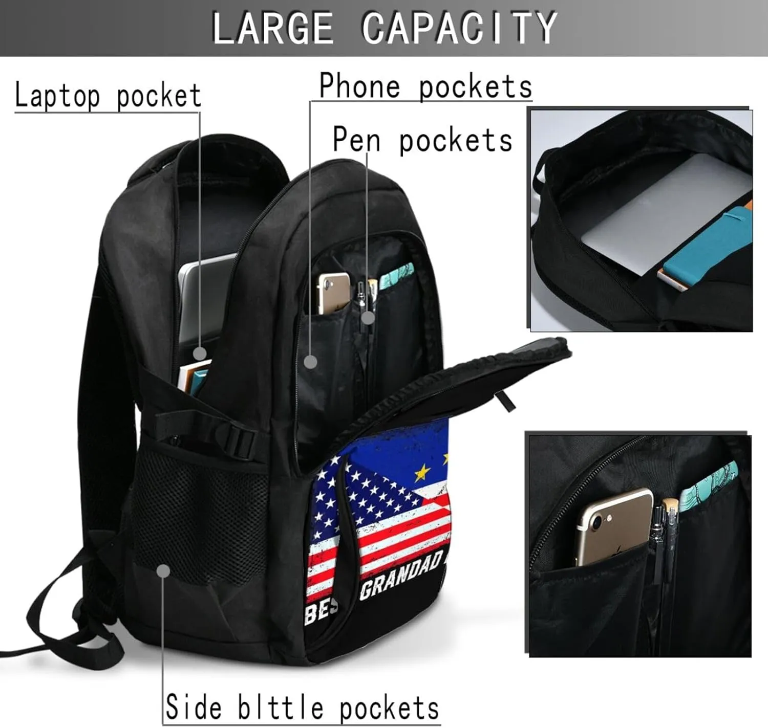 American Cabo Verde Flag Travel Backpacks Casual Backpack Large Capacity Laptop Rucksack Luggage Daypacks with USB Charging Port Multi-Pockets Bags for Hiking