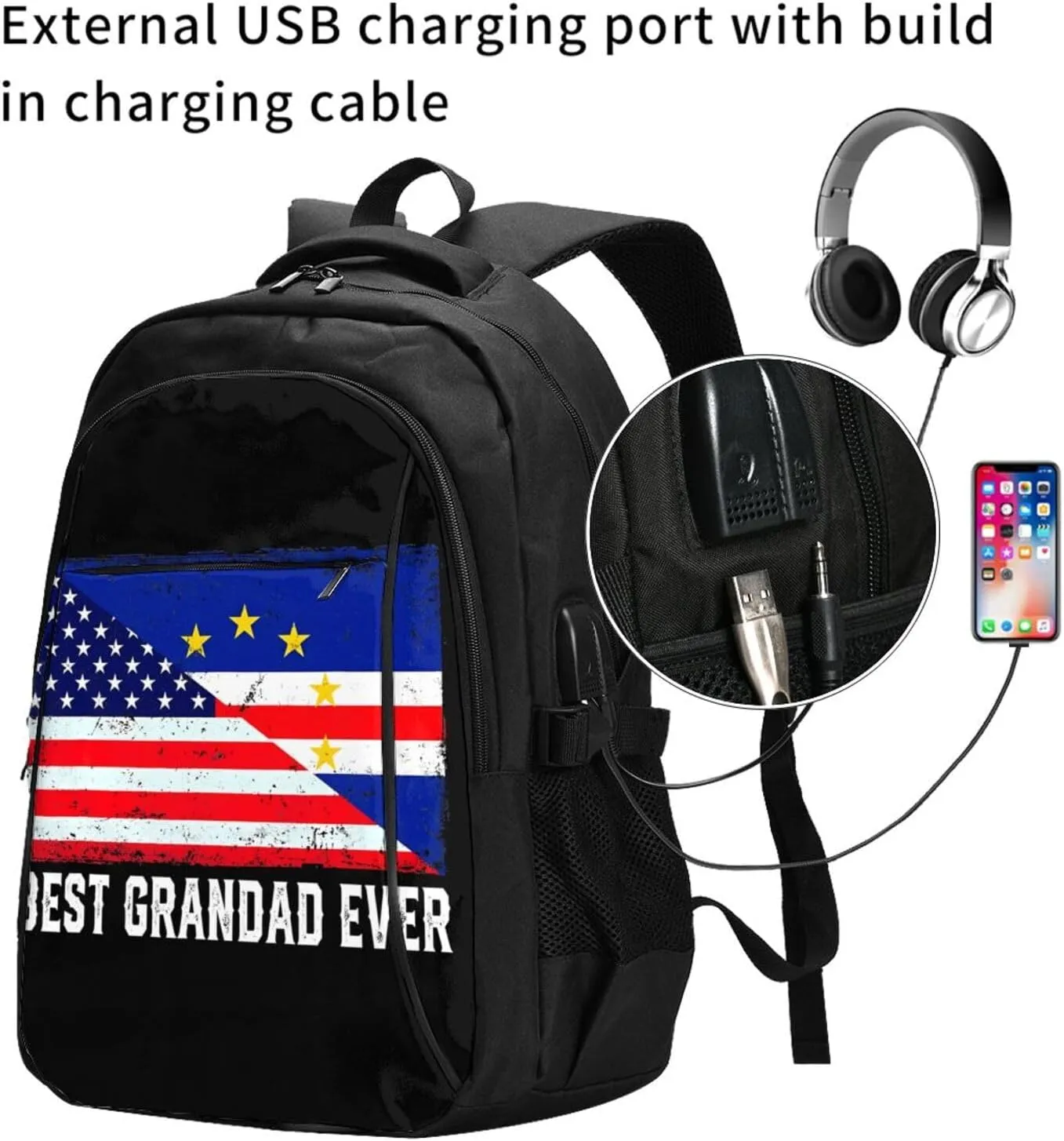 American Cabo Verde Flag Travel Backpacks Casual Backpack Large Capacity Laptop Rucksack Luggage Daypacks with USB Charging Port Multi-Pockets Bags for Hiking