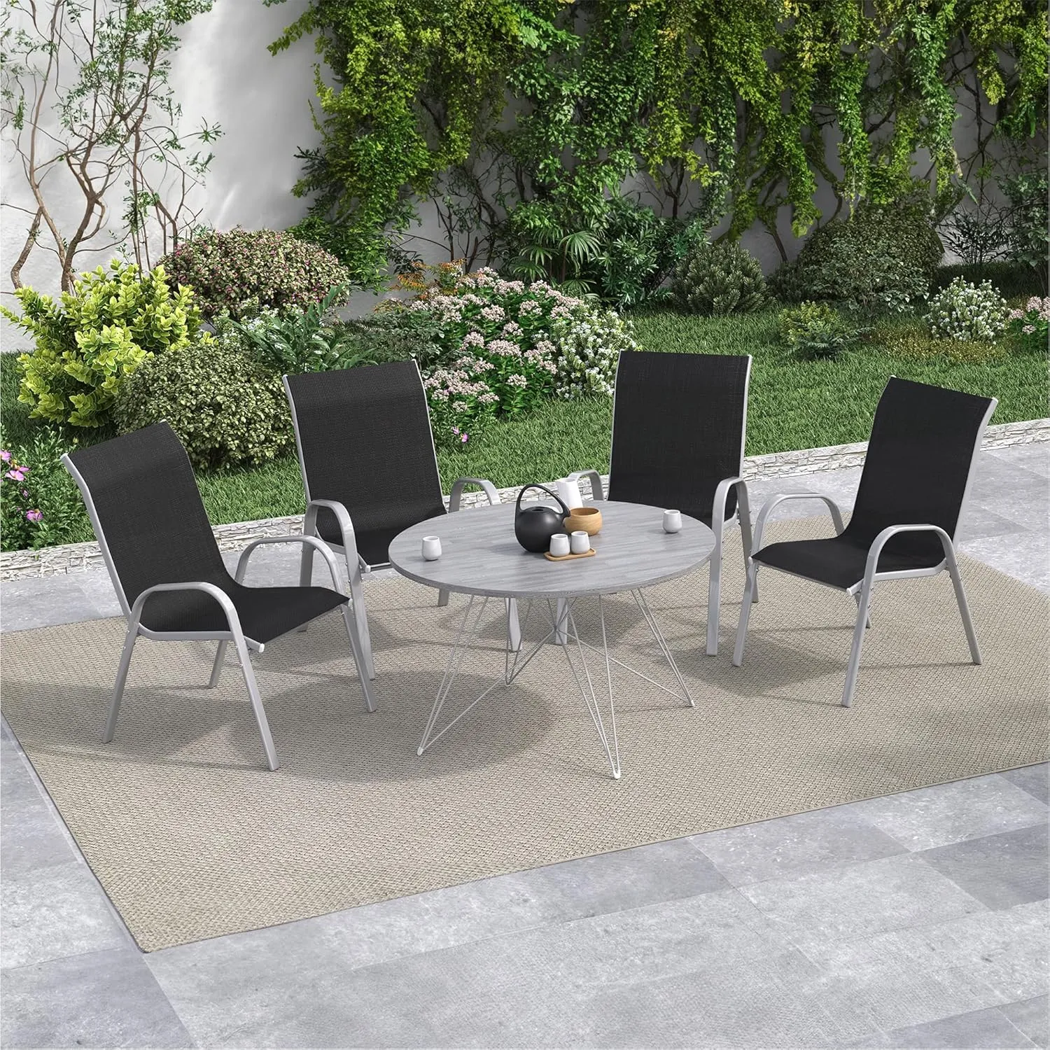 Amopatio Patio Chairs Set of 4, All Weather Stackable Dining Chairs, Breathable Comfortable Silver Black Outdoor Garden Furniture