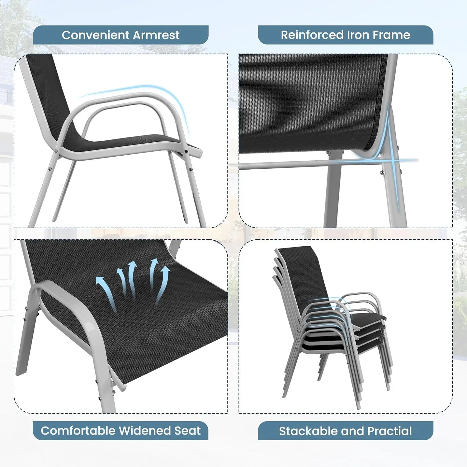 Amopatio Patio Chairs Set of 4, All Weather Stackable Dining Chairs, Breathable Comfortable Silver Black Outdoor Garden Furniture