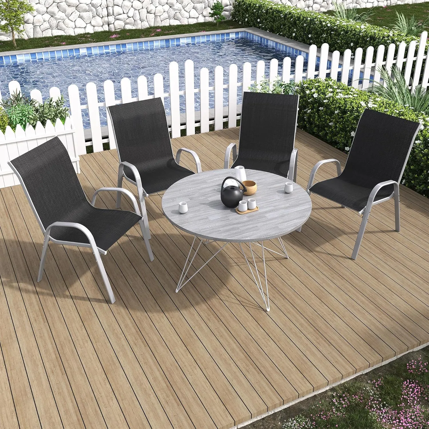 Amopatio Patio Chairs Set of 4, All Weather Stackable Dining Chairs, Breathable Comfortable Silver Black Outdoor Garden Furniture