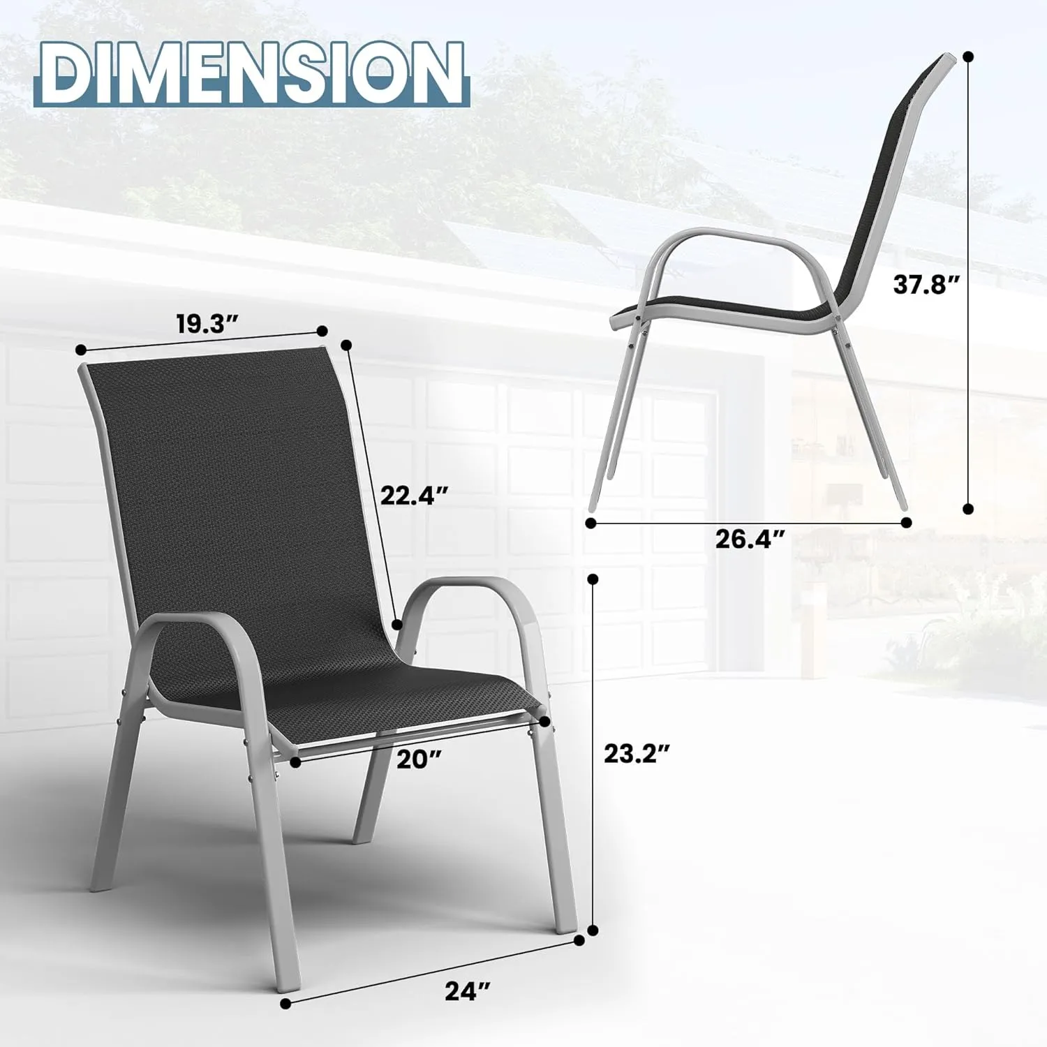 Amopatio Patio Chairs Set of 4, All Weather Stackable Dining Chairs, Breathable Comfortable Silver Black Outdoor Garden Furniture