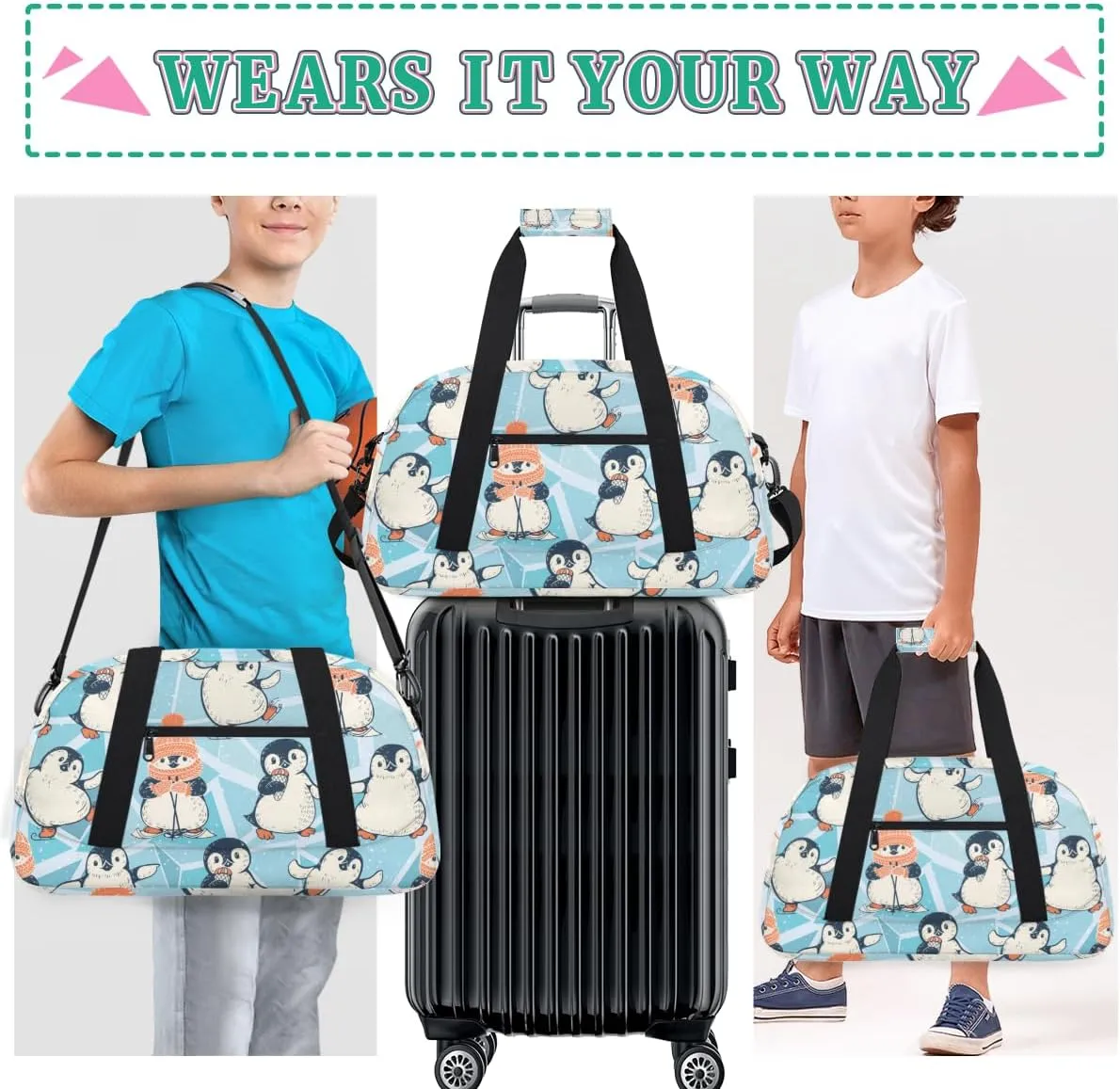 Animal Penguin Boys Girls Gym Bag Dance Perform Training Duffel Bags Weekender Carry-On Tote Luggage Bag Ideal for School Practice or Overnight Trips