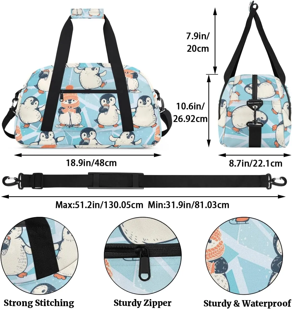 Animal Penguin Boys Girls Gym Bag Dance Perform Training Duffel Bags Weekender Carry-On Tote Luggage Bag Ideal for School Practice or Overnight Trips