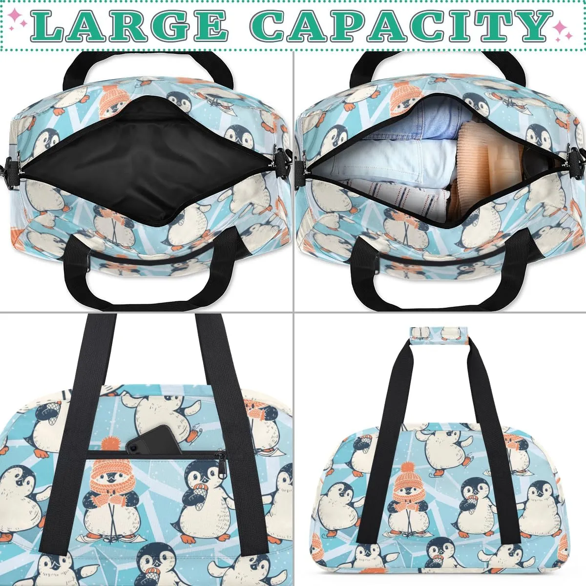 Animal Penguin Boys Girls Gym Bag Dance Perform Training Duffel Bags Weekender Carry-On Tote Luggage Bag Ideal for School Practice or Overnight Trips