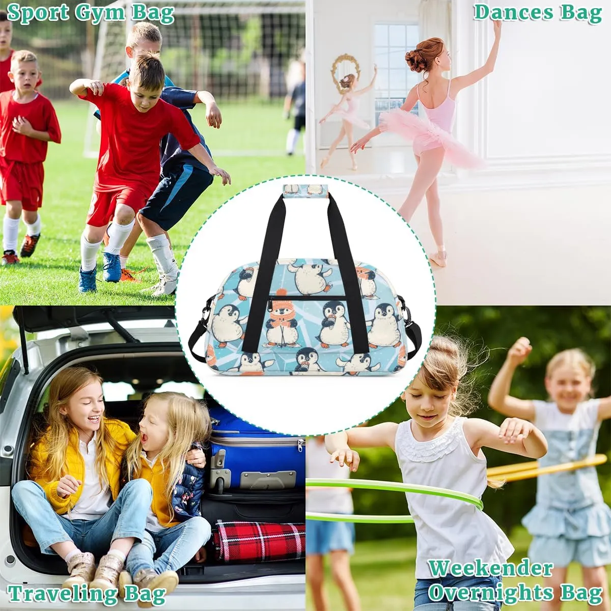Animal Penguin Boys Girls Gym Bag Dance Perform Training Duffel Bags Weekender Carry-On Tote Luggage Bag Ideal for School Practice or Overnight Trips