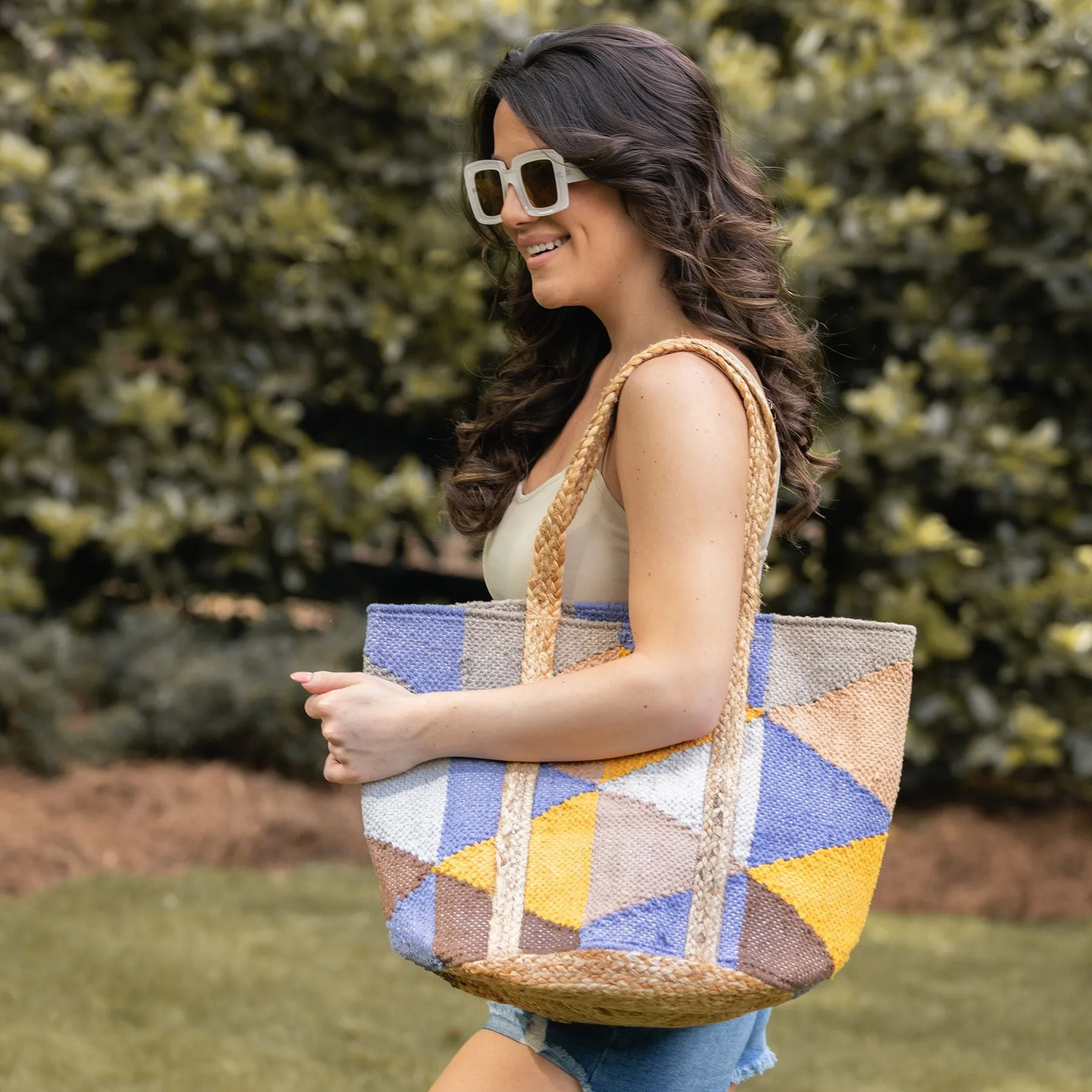 Anju Jewelry - Isla Cotton & Jute Tote, Blue & Yellow