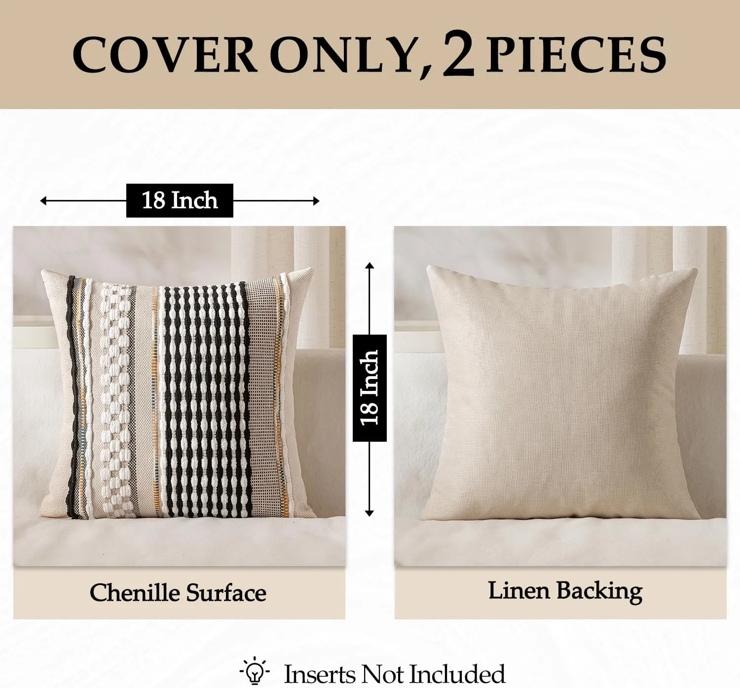 ANRODUO Pack of 2 Boho Decorative Throw Pillow Covers 18x18 Farmhouse Cushion Case Striped Chenille Pillow Cases Square Pillow Covers Accent Neutral Pillowcase for Sofa Couch Bed, Black-White Stripe
