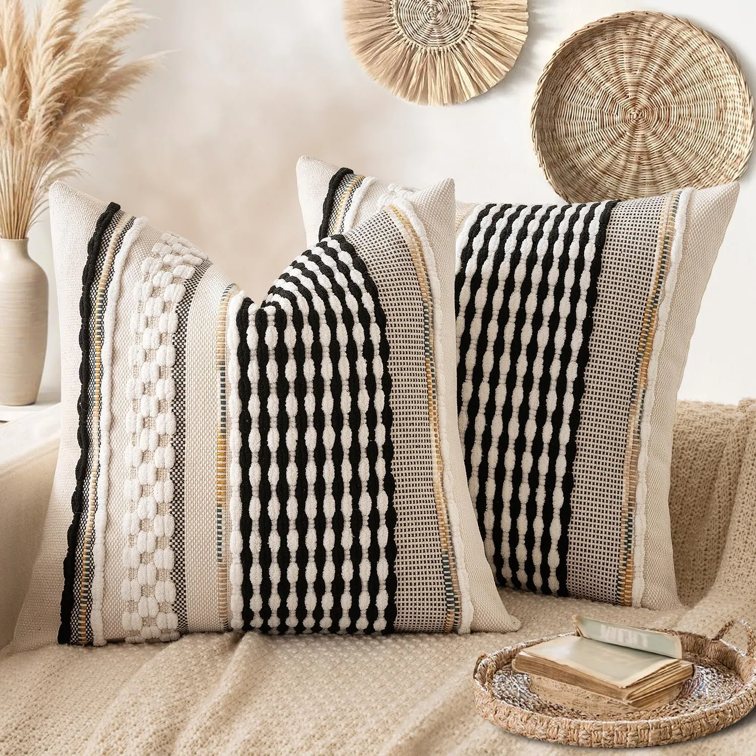 ANRODUO Pack of 2 Boho Decorative Throw Pillow Covers 18x18 Farmhouse Cushion Case Striped Chenille Pillow Cases Square Pillow Covers Accent Neutral Pillowcase for Sofa Couch Bed, Black-White Stripe
