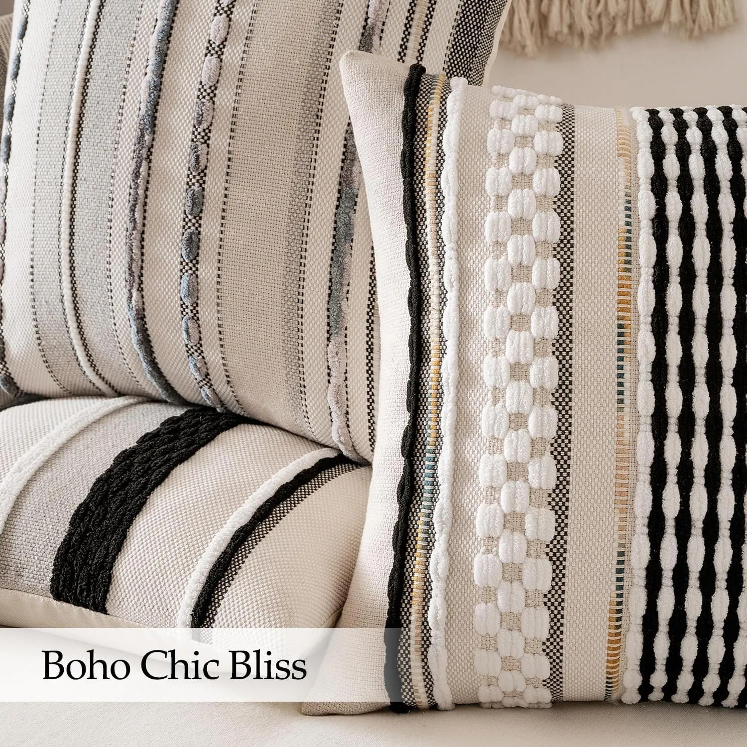 ANRODUO Pack of 2 Boho Decorative Throw Pillow Covers 18x18 Farmhouse Cushion Case Striped Chenille Pillow Cases Square Pillow Covers Accent Neutral Pillowcase for Sofa Couch Bed, Black-White Stripe