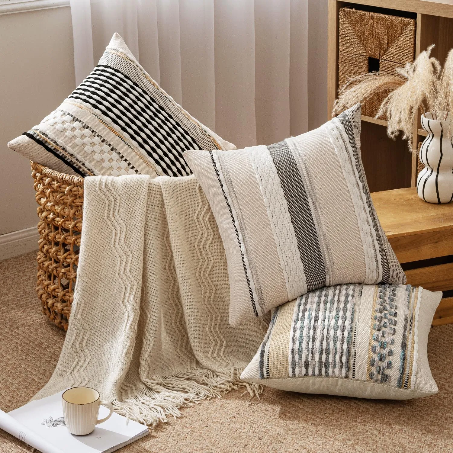 ANRODUO Pack of 2 Boho Decorative Throw Pillow Covers 18x18 Farmhouse Cushion Case Striped Chenille Pillow Cases Square Pillow Covers Accent Neutral Pillowcase for Sofa Couch Bed, Black-White Stripe