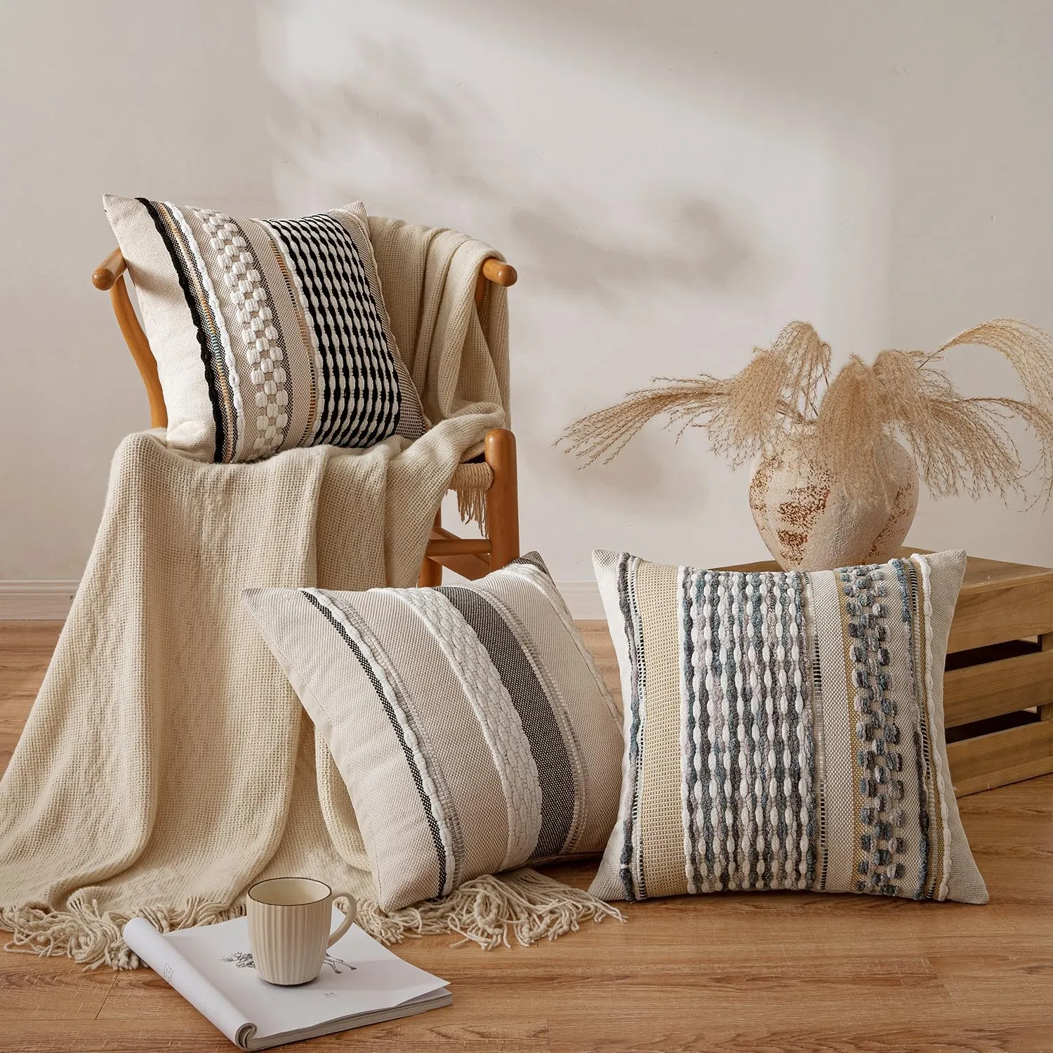 ANRODUO Pack of 2 Boho Decorative Throw Pillow Covers 18x18 Farmhouse Cushion Case Striped Chenille Pillow Cases Square Pillow Covers Accent Neutral Pillowcase for Sofa Couch Bed, Black-White Stripe