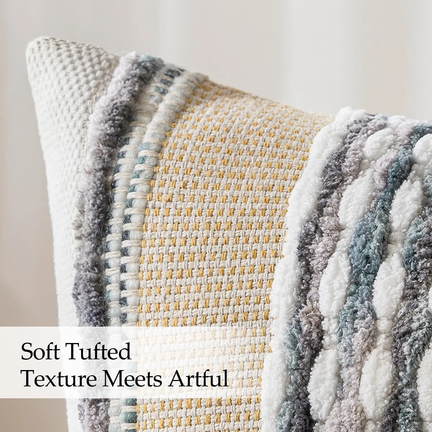 ANRODUO Pack of 2 Boho Decorative Throw Pillow Covers 18x18 Farmhouse Cushion Case Striped Chenille Pillow Cases Square Pillow Covers Accent Neutral Pillowcase for Sofa Couch Bed, Gray Blue Stripe