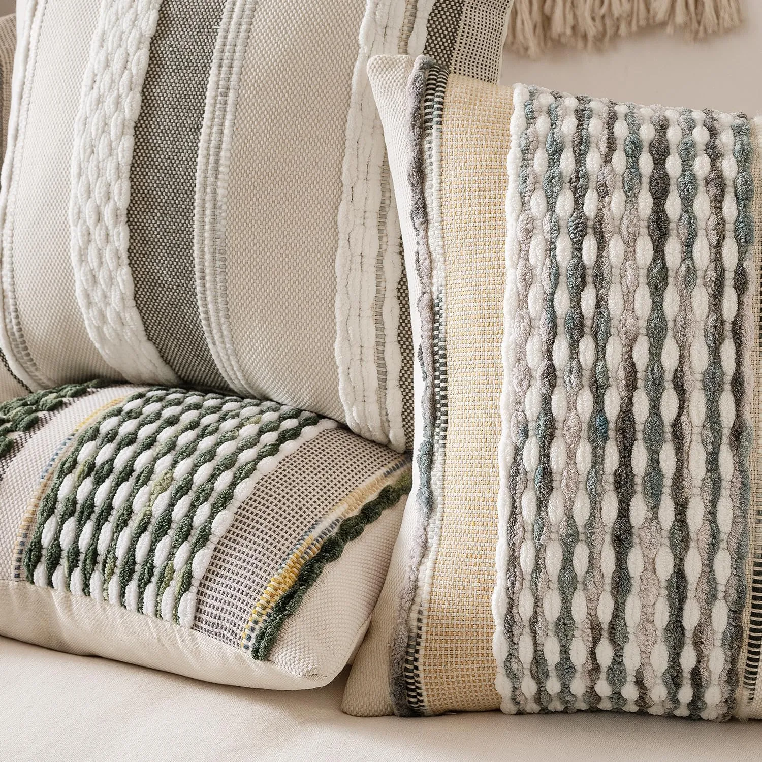 ANRODUO Pack of 2 Boho Decorative Throw Pillow Covers 18x18 Farmhouse Cushion Case Striped Chenille Pillow Cases Square Pillow Covers Accent Neutral Pillowcase for Sofa Couch Bed, Gray Blue Stripe