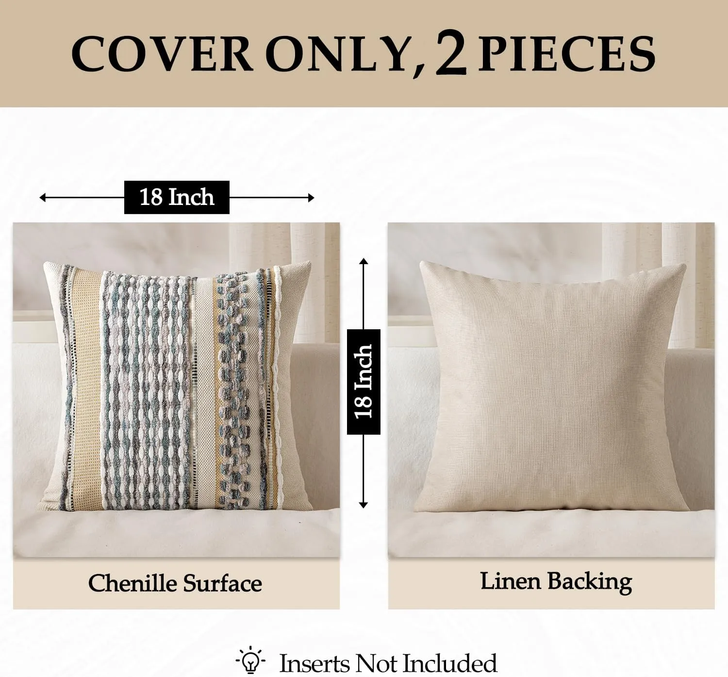 ANRODUO Pack of 2 Boho Decorative Throw Pillow Covers 18x18 Farmhouse Cushion Case Striped Chenille Pillow Cases Square Pillow Covers Accent Neutral Pillowcase for Sofa Couch Bed, Gray Blue Stripe