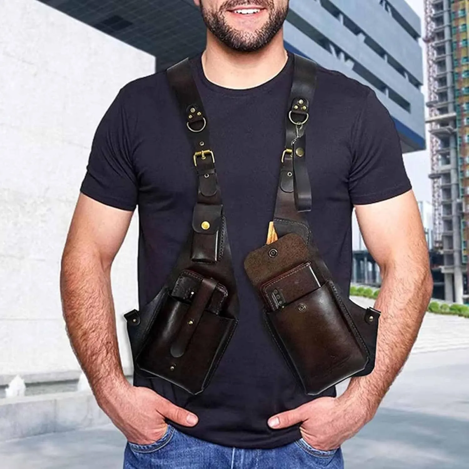 Anti-Theft Bag With Shoulder Harness, Anti Theft Harness Wallet for Men, Mens Leather Harness (Black)