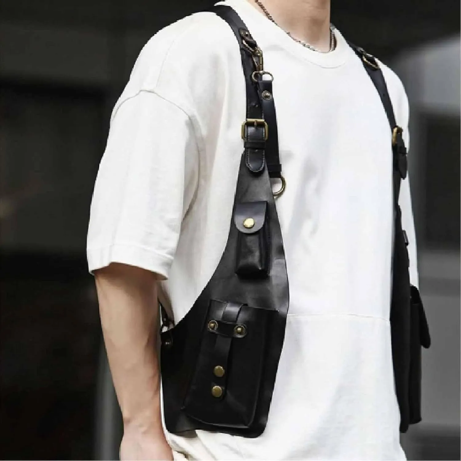 Anti-Theft Bag With Shoulder Harness, Anti Theft Harness Wallet for Men, Mens Leather Harness (Black)
