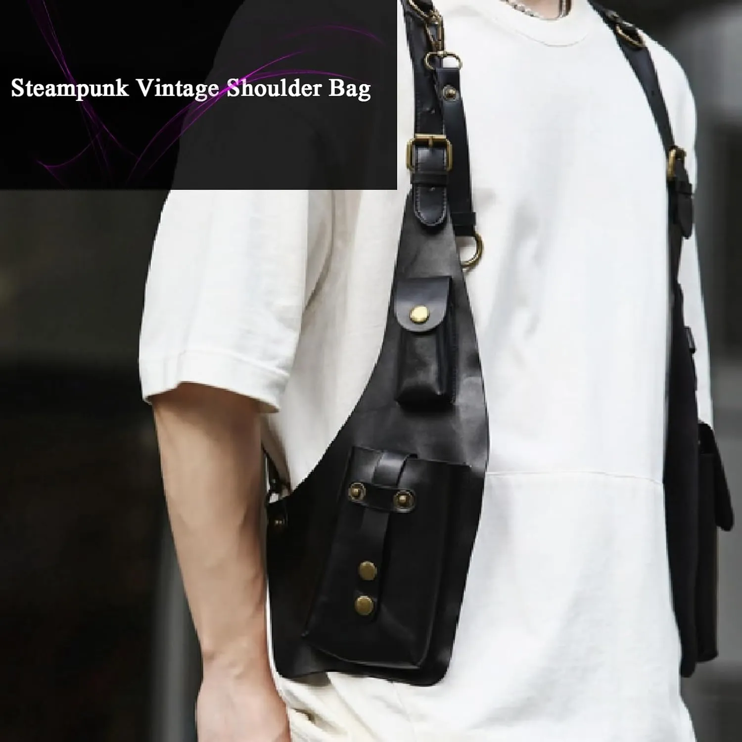 Anti-Theft Bag with Shoulder Harness, Mens Leather Harness,Steampunk Vintage Shoulder Bag (Balck)