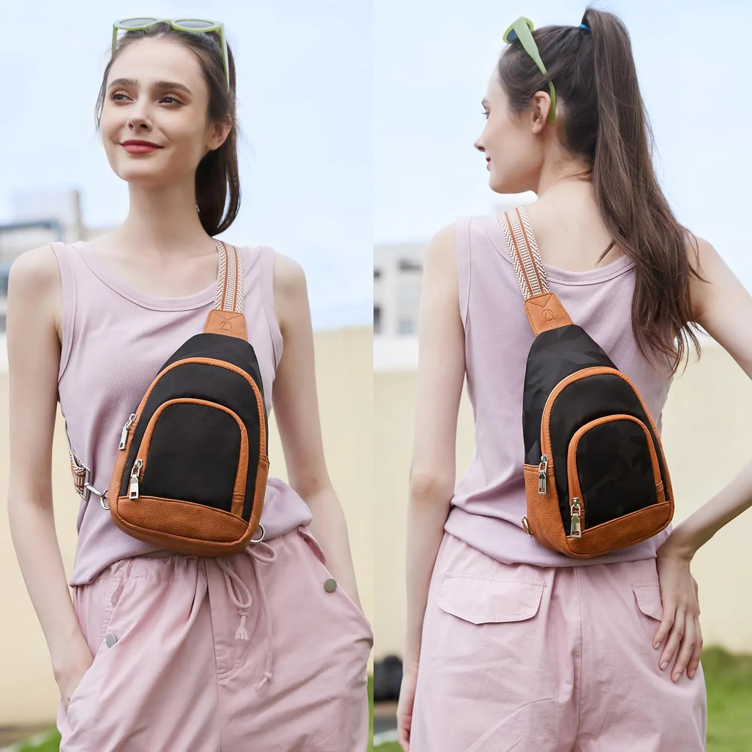 AO ALI VICTORY Fanny Packs for Women Small Crossbody Bags Sling Purses Anti Theft Cross Body Shoulder Bag for Travel Work Waterproof Nylon Chest Bag with Leather Gifts for Mom（Brown- Geometric Black）