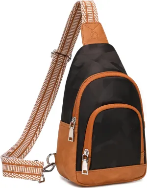 AO ALI VICTORY Fanny Packs for Women Small Crossbody Bags Sling Purses Anti Theft Cross Body Shoulder Bag for Travel Work Waterproof Nylon Chest Bag with Leather Gifts for Mom（Brown- Geometric Black）