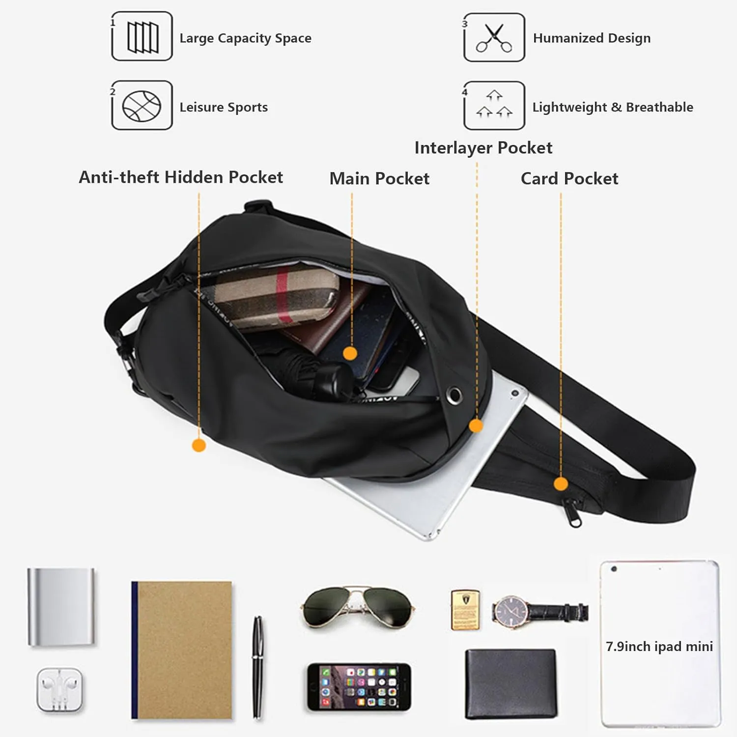 AOKING Mens Sling Bag, Waterproof Cross Body Bag Men's Shoulder Bags Crossbody Sling Backpack, Lightweight One Strap Backpack(7.9x3.9x13.8inches)