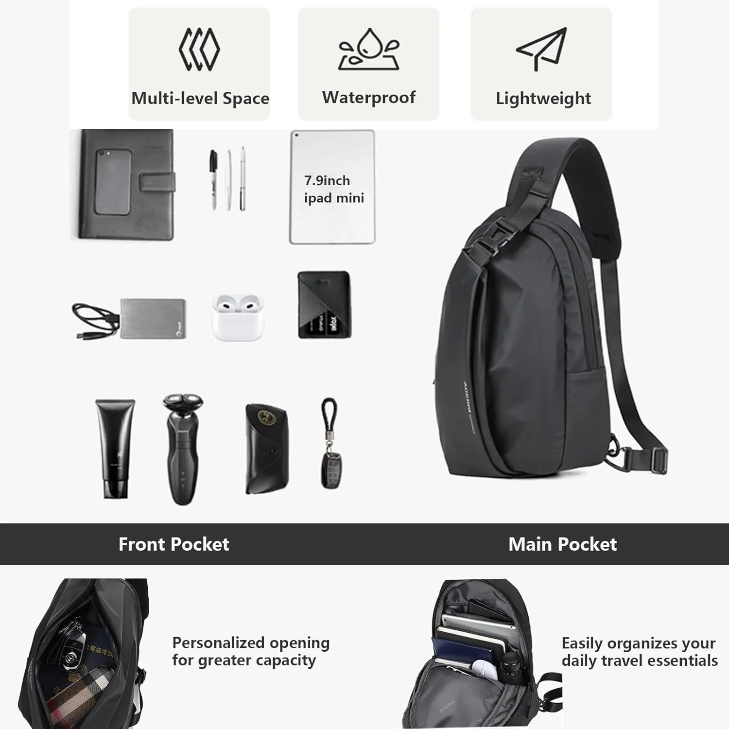 AOKING Mens Sling Bag, Waterproof Cross Body Bag Men's Shoulder Bags Crossbody Sling Backpack, Lightweight One Strap Backpack(9.1x3.1x13.8inches)