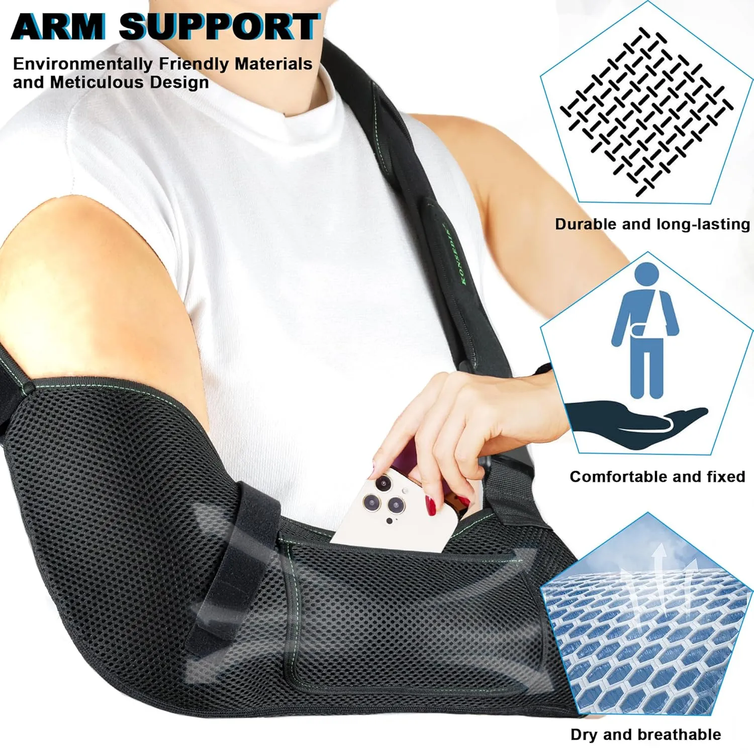 Arm Shoulder Sling,Breathable Medical Sling with Shoulder Pad,support for Women and Men Rotator Cuff Injury,Left or Right Arm,Elbow,Clavicle Fracture Post-Surgery(Black,Large)