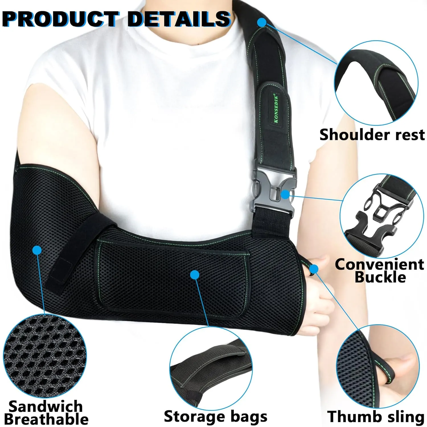 Arm Shoulder Sling,Breathable Medical Sling with Shoulder Pad,support for Women and Men Rotator Cuff Injury,Left or Right Arm,Elbow,Clavicle Fracture Post-Surgery(Black,Large)