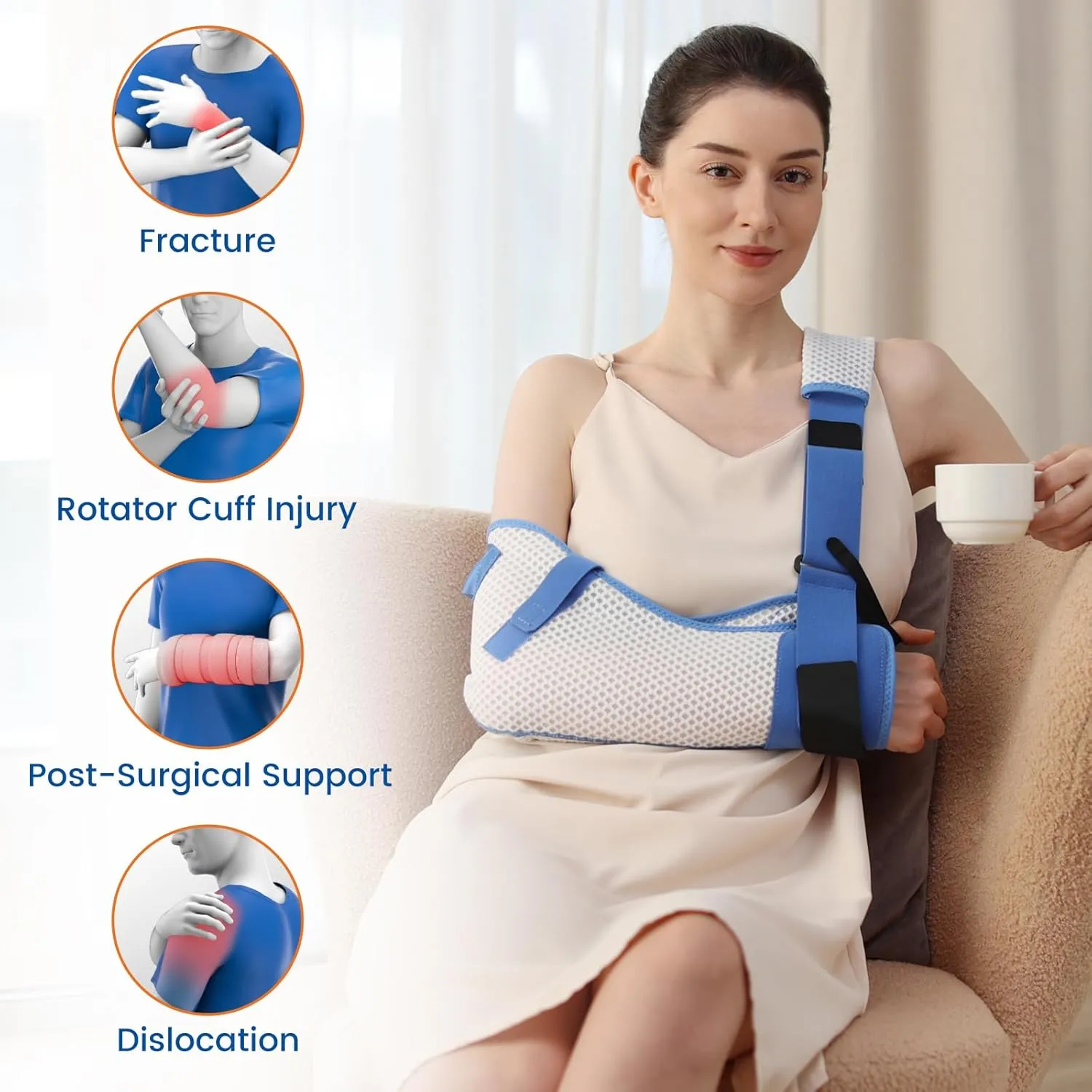 Arm Sling for Shoulder Injury with Waist Strap - Immobilizer Brace Support for Sleeping, Rotator Cuff Surgery (Mesh Version, Right, Large,40-51 inch)