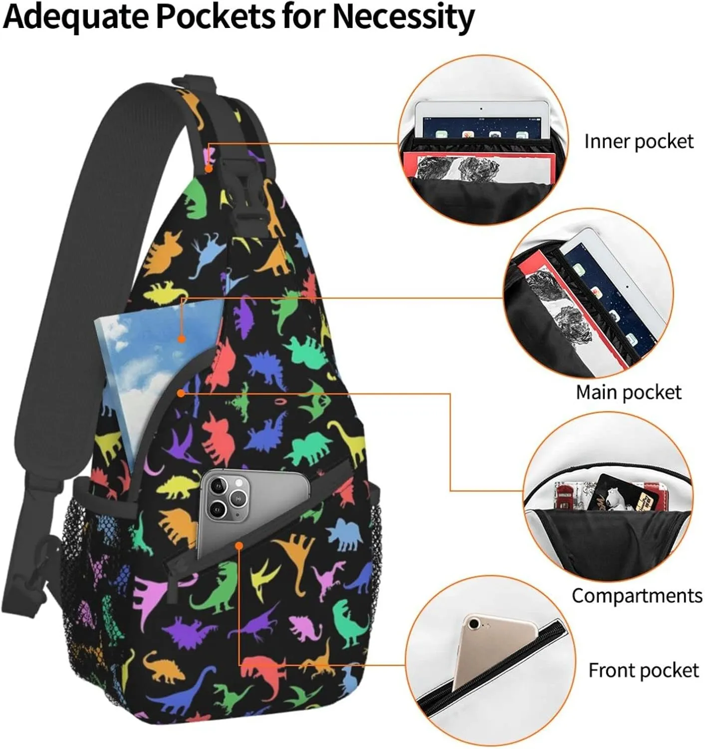 ASYG Cute Funny Dinosaur Sling Bag Crossbody Backpack for Women Men Travel Hiking Daypack Dino Crossbody Shoulder Bag