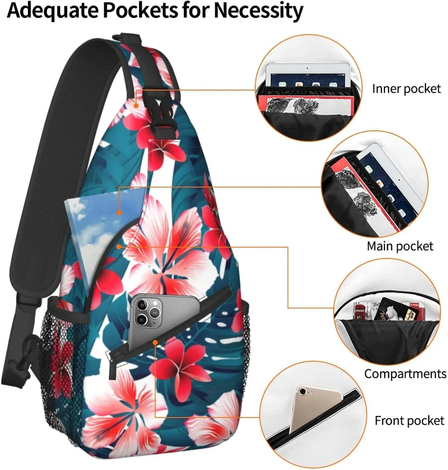 ASYG Hawaiian Tropical Flower Sling Bag Travel Hiking Casual Daypack Crossbody Shoulder Backpack Unisex Chest Bag