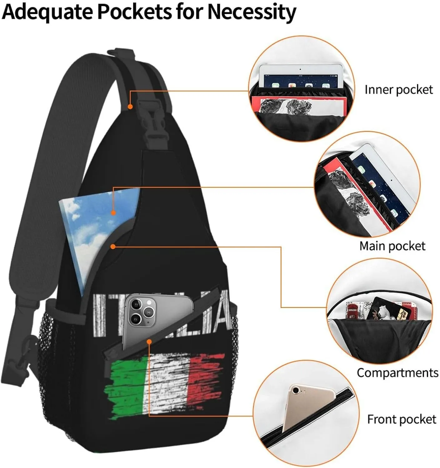 ASYG Vintage Italy Flag Crossbody Sling Backpack Sling Bag Travel Hiking Chest Bag Italian Flag Daypack for Women Men