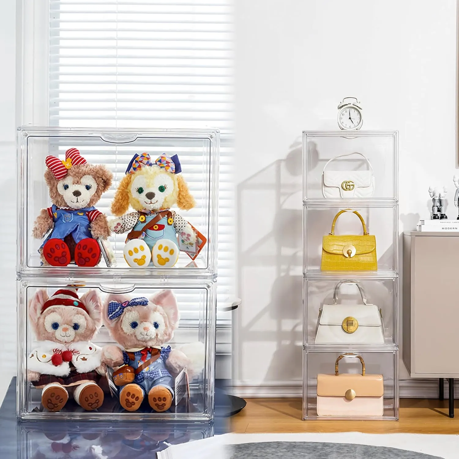 Attelite Clear Purse Organizer for Closet, Plastic Handbag Storage Organizer 4 Pack Clear Acrylic Display Case with Magnetic Door for Wallet, Book, Cosmetic, Clutch Organization