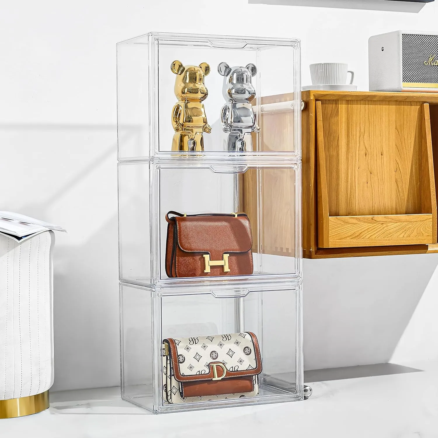 Attelite Clear Purse Organizer for Closet, Plastic Handbag Storage Organizer 4 Pack Clear Acrylic Display Case with Magnetic Door for Wallet, Book, Cosmetic, Clutch Organization
